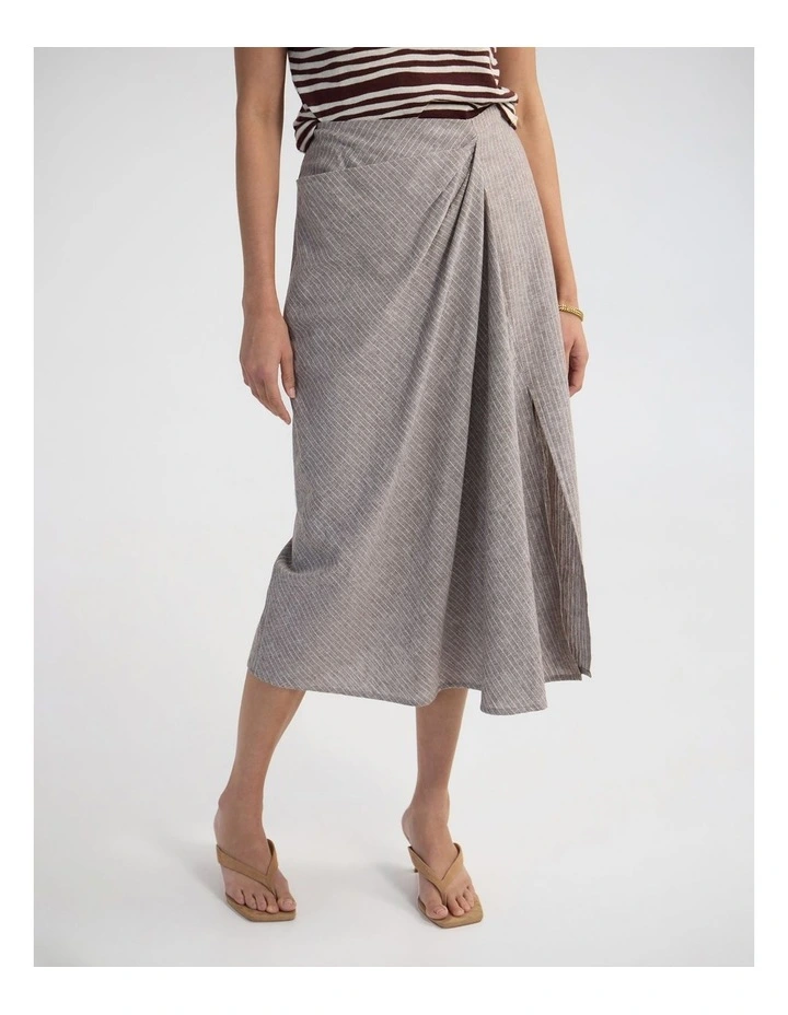 Nadia Linen Blend Pinstriped Skirt in Mocha image 4