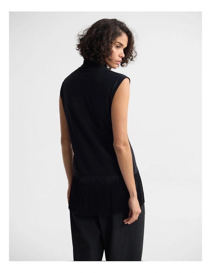 Cassie Stretch Fringe Trim Top in Black image 2