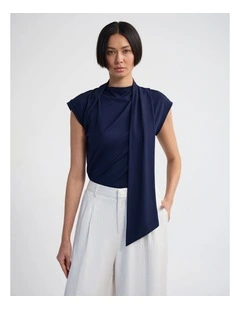 Mimi Jersey Scarf Detail Top in Navy