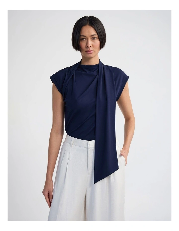 Mimi Jersey Scarf Detail Top in Navy image 1