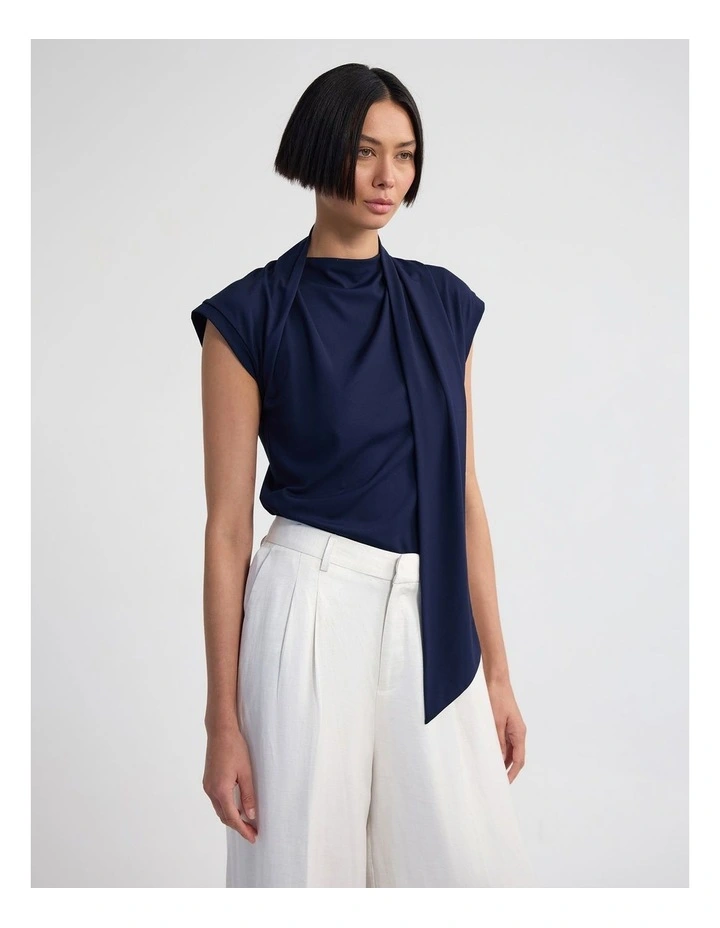 Mimi Jersey Scarf Detail Top in Navy image 3