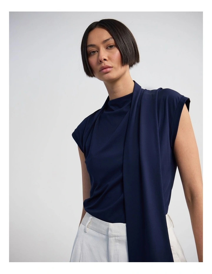 Mimi Jersey Scarf Detail Top in Navy image 4