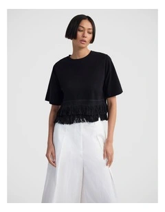 Bria Cotton Fringe Trim T-Shirt in Black