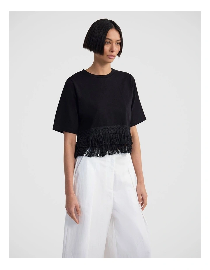 Bria Cotton Fringe Trim T-Shirt in Black image 3