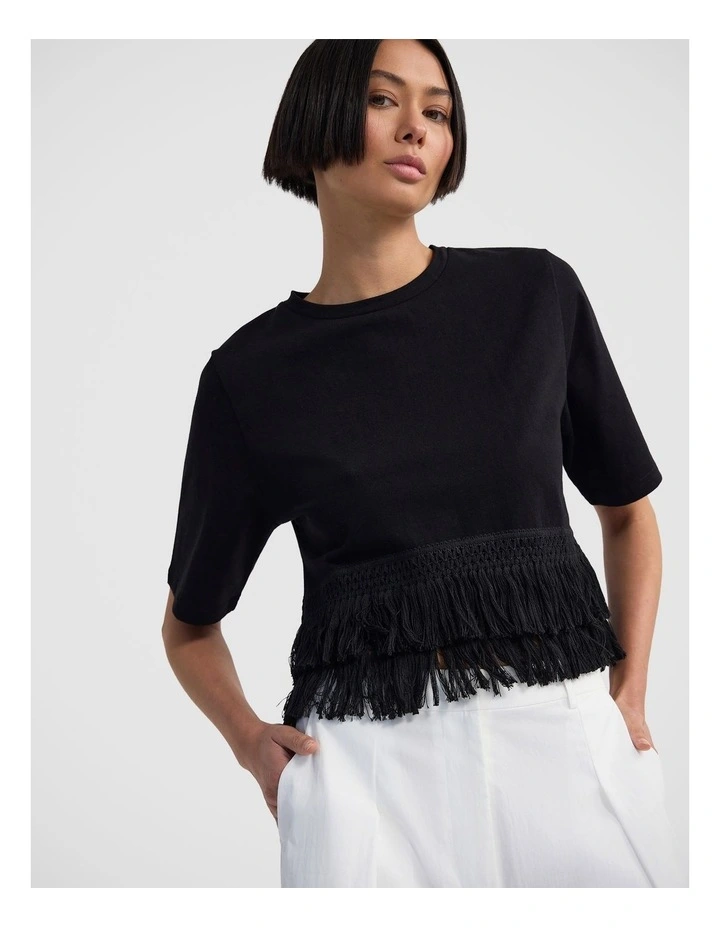 Bria Cotton Fringe Trim T-Shirt in Black image 4