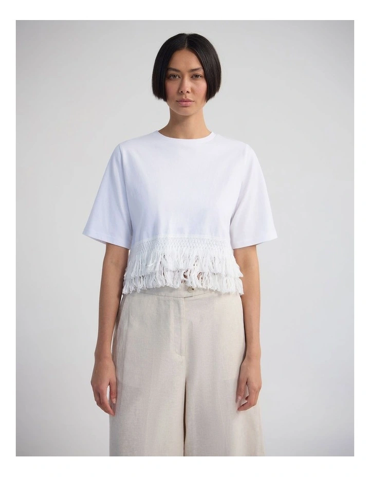 Bria Cotton Fringe Trim T-Shirt in White image 1