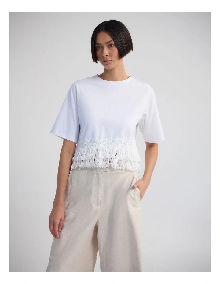 Bria Cotton Fringe Trim T-Shirt in White image 3