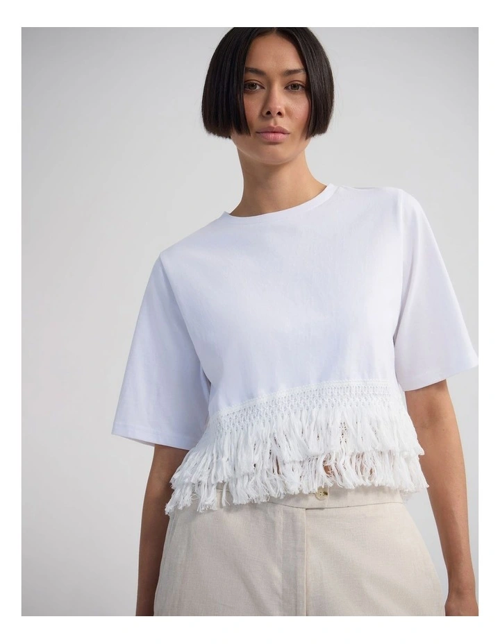 Bria Cotton Fringe Trim T-Shirt in White image 4