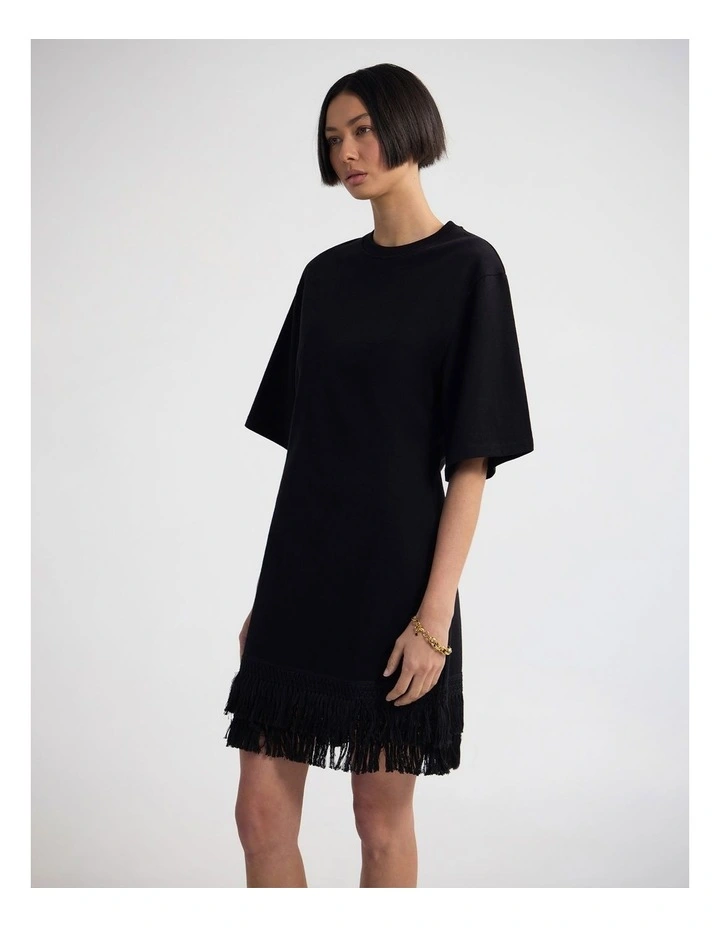 Bella Knit Dress With Fringe Trim in Black image 3