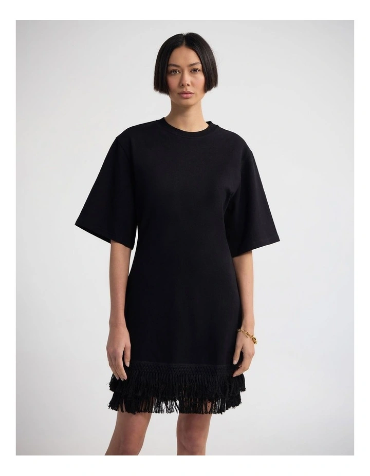Bella Knit Dress With Fringe Trim in Black image 4