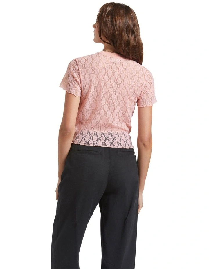 Sheer Slim Lace Short Sleeve Top in Rose image 2