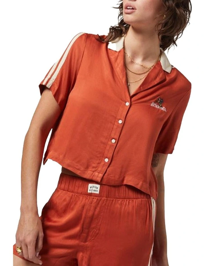 Silky Short Sleeve Bowling Button Down T-shirt in Burnt Brick image 3