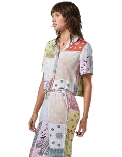 Silky Short Sleeve Bowling Button Down Shirt in Multi Color Bandana