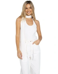 Knitted Halter Top With Scarf in White