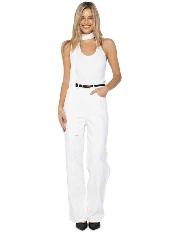 Knitted Halter Top With Scarf in White image 3