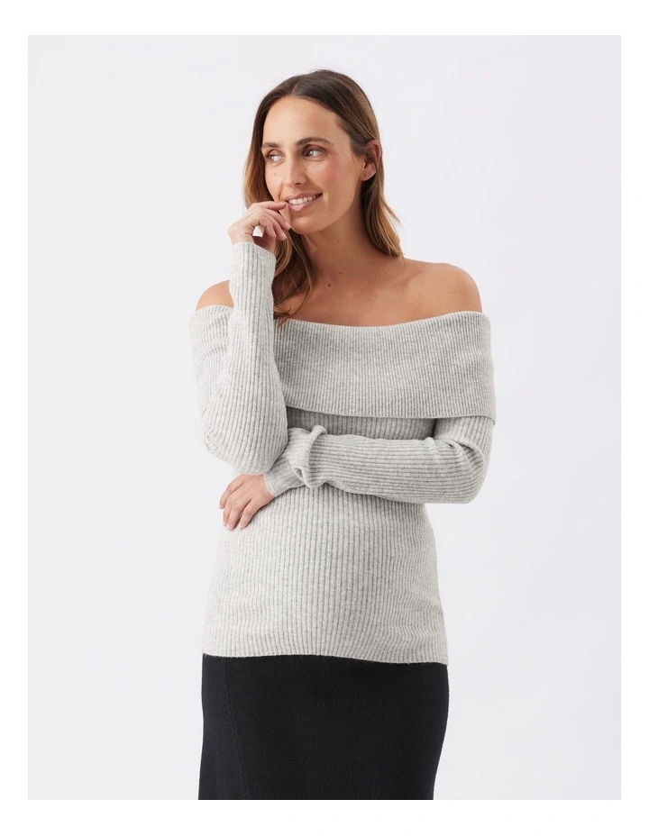 Maisy Off Shoulder Knit Jumper in Silver Marle image 1