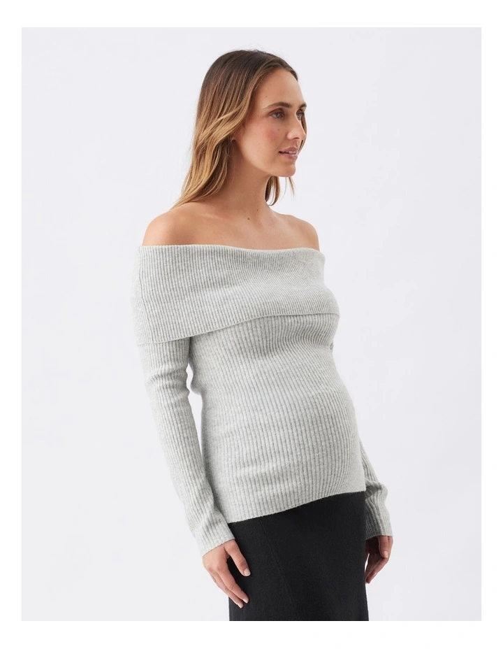 Maisy Off Shoulder Knit Jumper in Silver Marle image 3