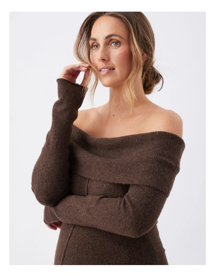 Tyla Off Shoulder Knit Dress in Brown image 4