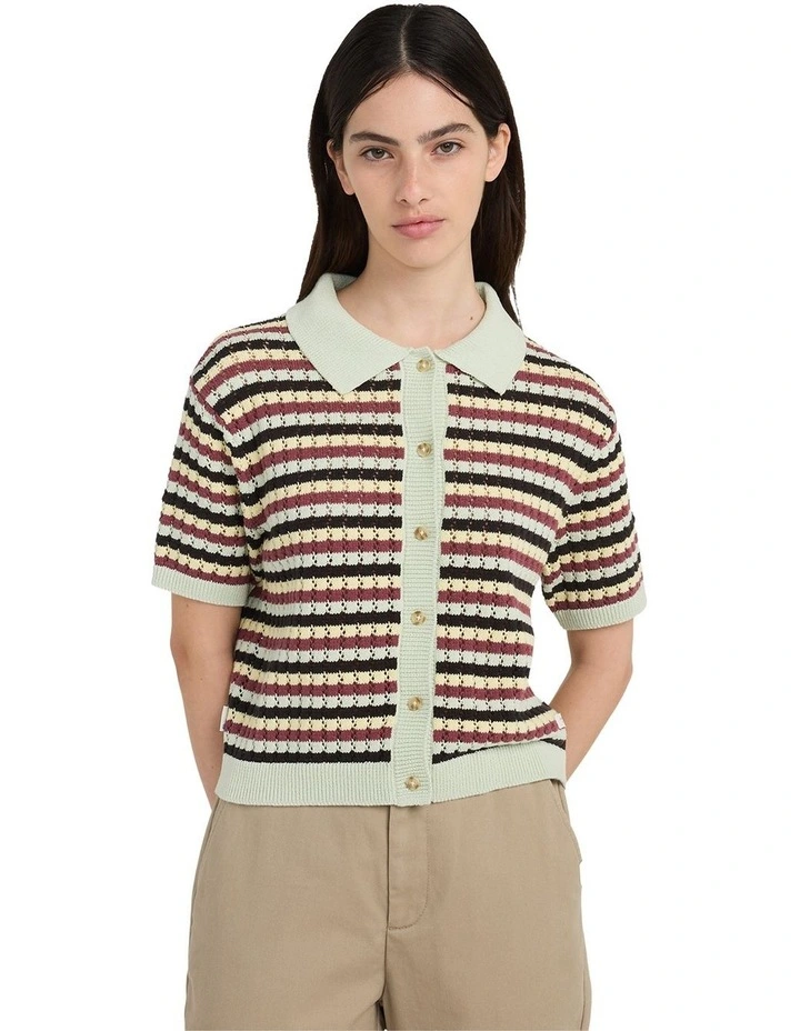 Crochet Stripes Polo Shirt in Black image 1