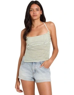 Diamond Crochet Tie Back Square Neck Top in Elm Green