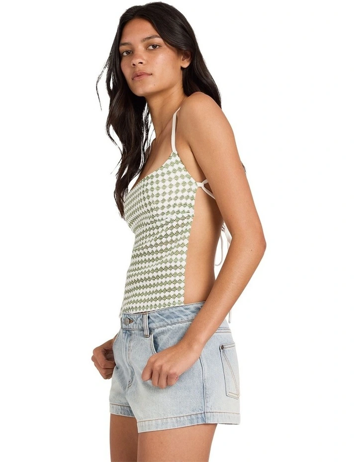 Diamond Crochet Tie Back Square Neck Top in Elm Green image 3