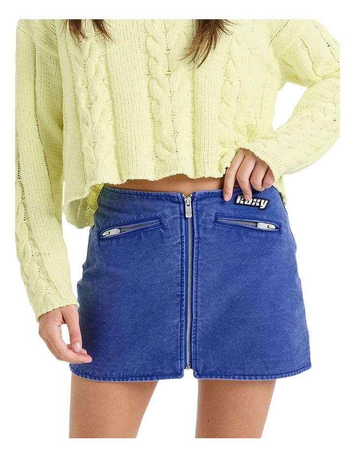 Chloe Kim Mini Moto Denim Skirt in Dazzling Blue image 1