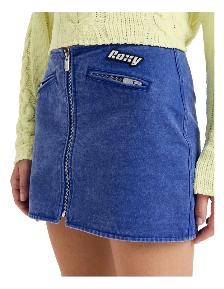 Chloe Kim Mini Moto Denim Skirt in Dazzling Blue image 4