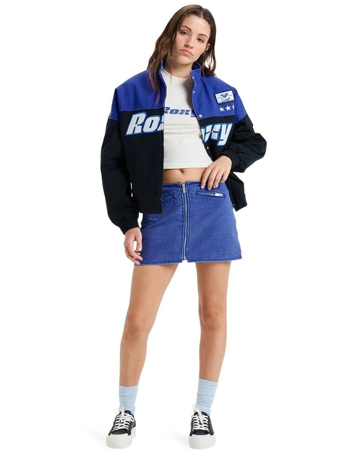 Chloe Kim Mini Moto Denim Skirt in Dazzling Blue image 5