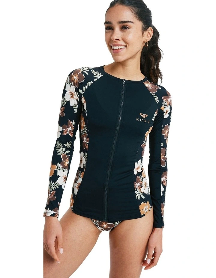 Full Zipped Mix Long Sleeve Rash Vest in Brown image 1