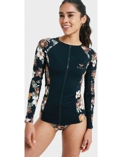 Full Zipped Mix Long Sleeve Rash Vest in Brown