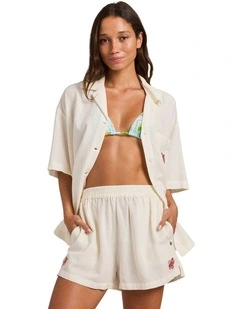 Hibiscus Elastic Waist Shorts In Egret