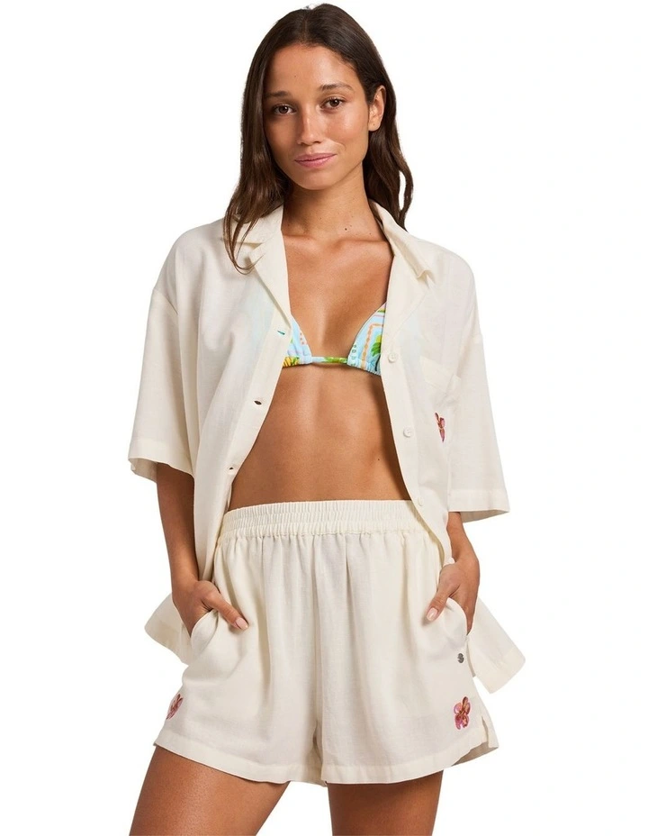 Hibiscus Elastic Waist Shorts In Egret image 1