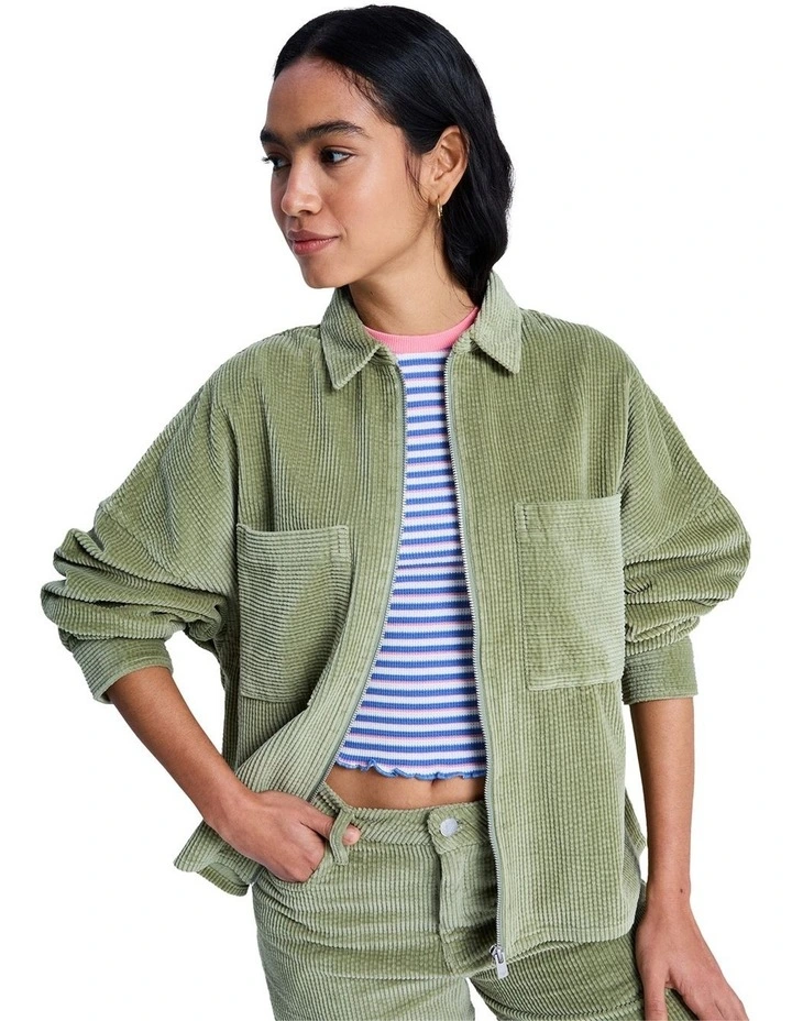 Chilled Out Washed Cord Long Sleeve Shirt in Oil Green image 3