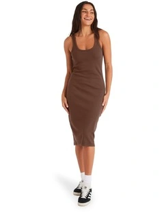 Women Base Rib Midi Dress in Brown