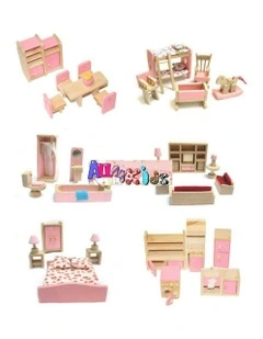 Wooden Doll House Furniture Dolls Set in Pink