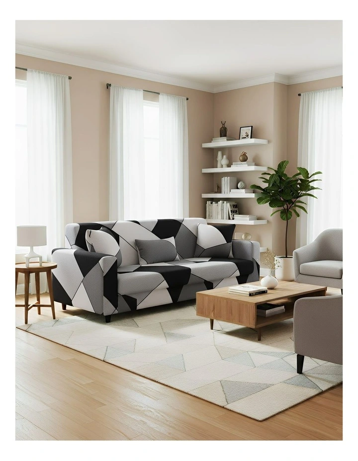 Geometric Style Sofa Cover 3 Seater in Black image 3
