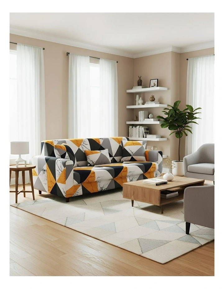 Geometric Style Sofa Cover 3 Seater in Yellow image 3