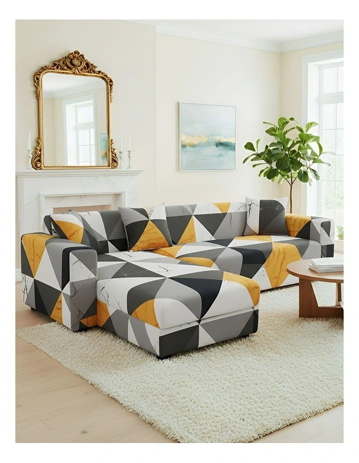 Geometric Style Sofa Cover 4 Seater in Yellow image 2