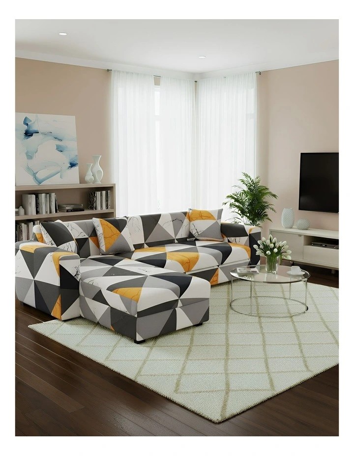 Geometric Style Sofa Cover 4 Seater in Yellow image 3