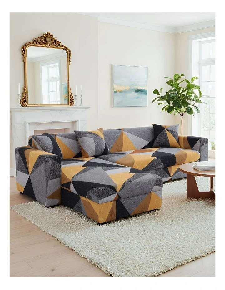 Geometric Style Sofa Cover 4 Seater in Yellow image 2