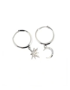 Sterling Creative Asymmetric Star Moon Studs Earrings in Silver