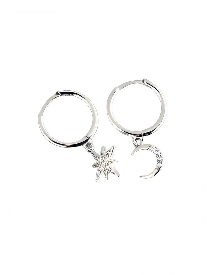 Sterling Creative Asymmetric Star Moon Studs Earrings in Silver image 1