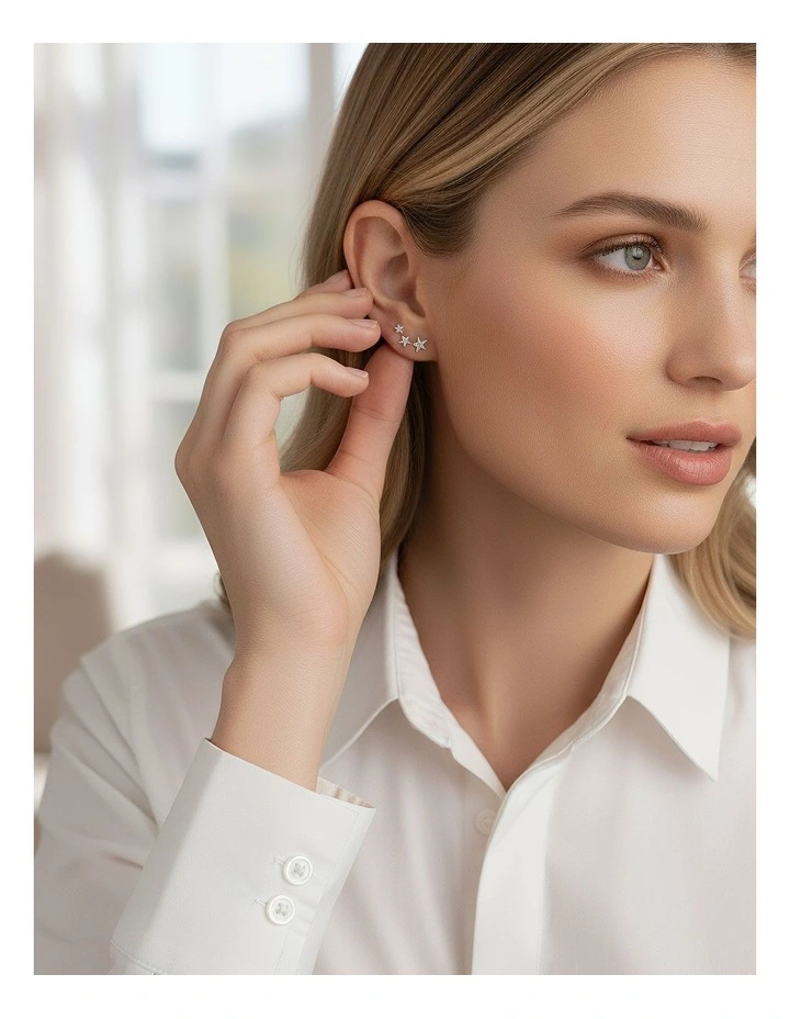 Screw Beads Chic Gold Star Zircon Studs Earrings in Silver image 5