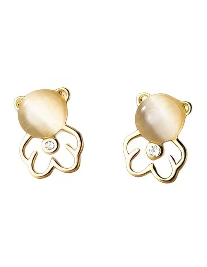 Sterling Silver Opal Hollow Bear Earrings in Gold image 1