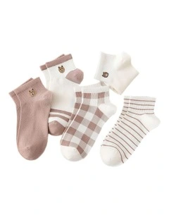 Anyfootwear Womens Ankle Socks 5 Pairs Size 5-9  Bear Cartoon, Striped & Solid Casual