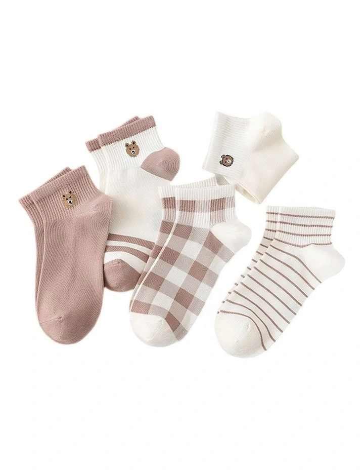 Anyfootwear Womens Ankle Socks 5 Pairs Size 5-9  Bear Cartoon, Striped & Solid Casual image 1