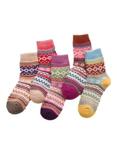 Anyfootwear 5 Pairs Warm Wool Socks in Winter Mix Colors, Fashionable Casual European Style