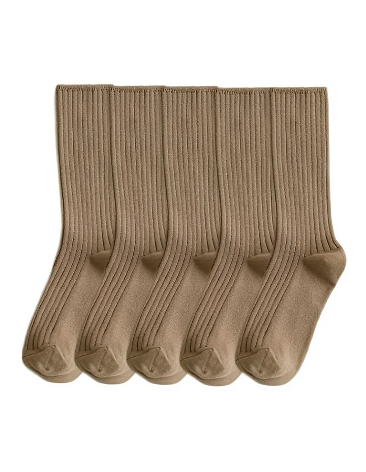 One Size 36-43 Retro Long Knitted Socks 5 Pairs in Khaki image 1