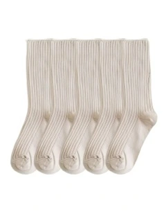 One Size 36-43 Retro Long Knitted Socks 5 Pairs in Beige