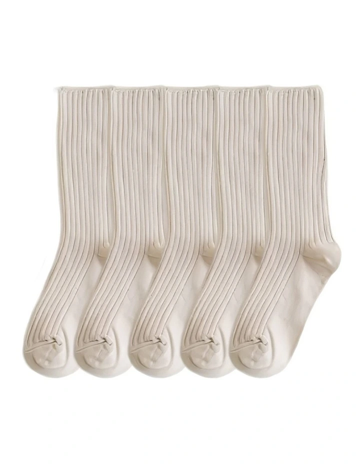One Size 36-43 Retro Long Knitted Socks 5 Pairs in Beige image 1